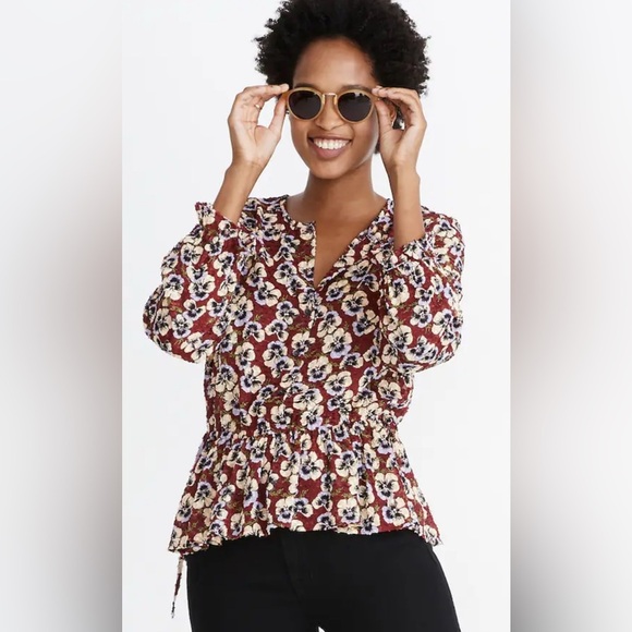 Madewell Drawstring Ruffle-Hem Top in Viola Floral. Size XS EUC - Picture 13 of 15
